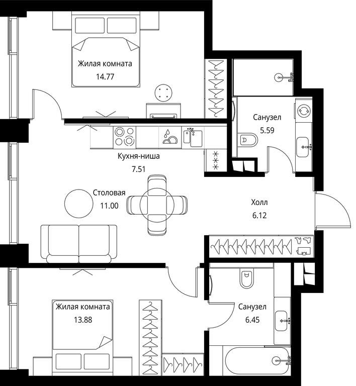 2-BD Apartment Sale, 65.32 sq. m. at City Bay, Volokolamskoye Highway, 95с3, Moscow, Russia #1