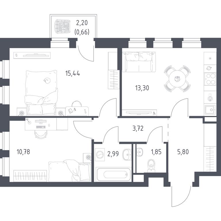1-BD Apartment Sale, 54.54 sq. m. at Prigorod Lesnoe, Molodyozhny bulvar, 6, derevnya Misaylovo, Leninskiy City District, Moscow Region, Russia #1