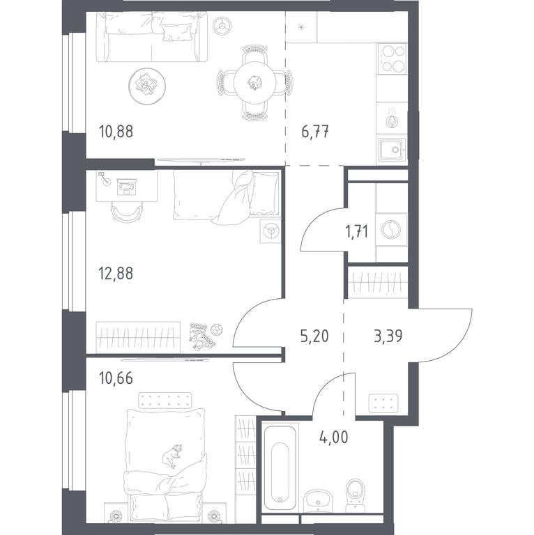 1-BD Apartment Sale, 55.49 sq. m. at Pribrezhnyi Park, Pribrezhniy Park Residential Complex, Village of Yam, Domodedovo City District, Moscow Region, Russia #1