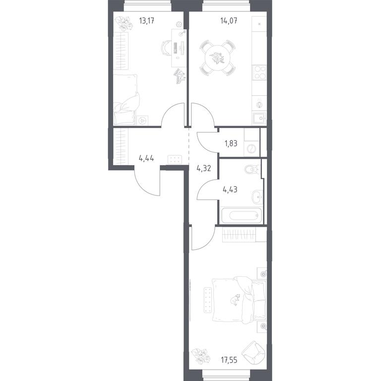 1-BD Apartment Sale, 59.81 sq. m. at Pribrezhnyi Park, Pribrezhniy Park Residential Complex, Village of Yam, Domodedovo City District, Moscow Region, Russia #1