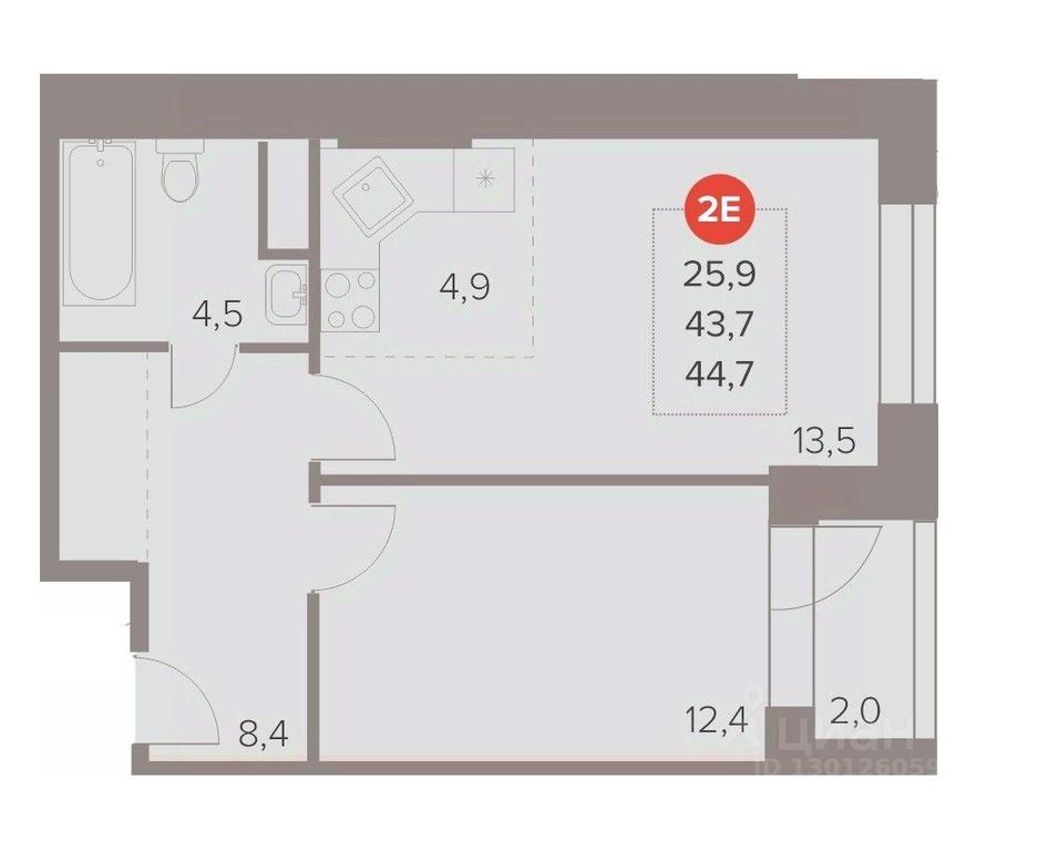 1-BD Apartment Sale, 44.7平方米 at Otlichno, Oktyabrskiy Avenue, 28А, Lyubertsy, Moscow Region, Russia #1