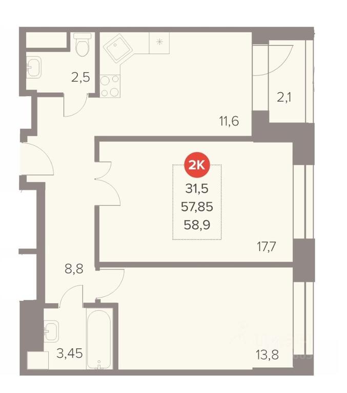 1-BD Apartment Sale, 58.9 sq. m. at Otlichno, Oktyabrskiy Avenue, 28А, Lyubertsy, Moscow Region, Russia #1