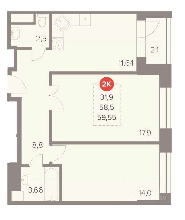 1-BD Apartment Sale, 59.55 sq. m. at Otlichno, Oktyabrskiy Avenue, 28А, Lyubertsy, Moscow Region, Russia #1