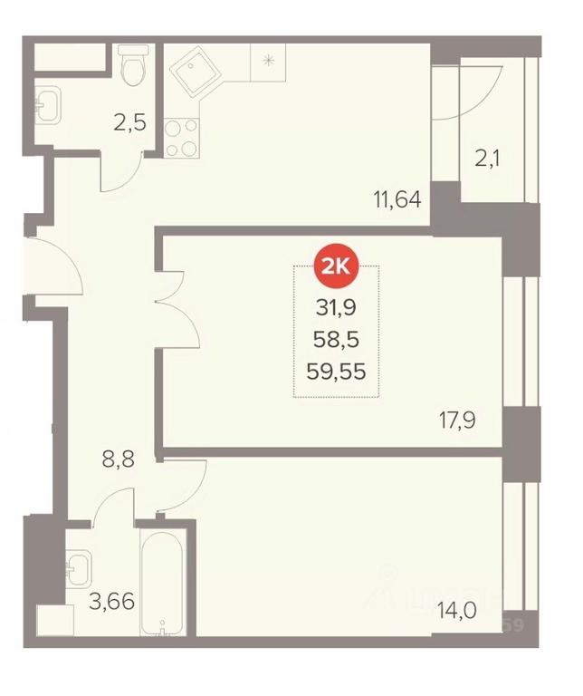 1-BD Apartment Sale, 59.55 sq. m. at Otlichno, Oktyabrskiy Avenue, 28А, Lyubertsy, Moscow Region, Russia #1