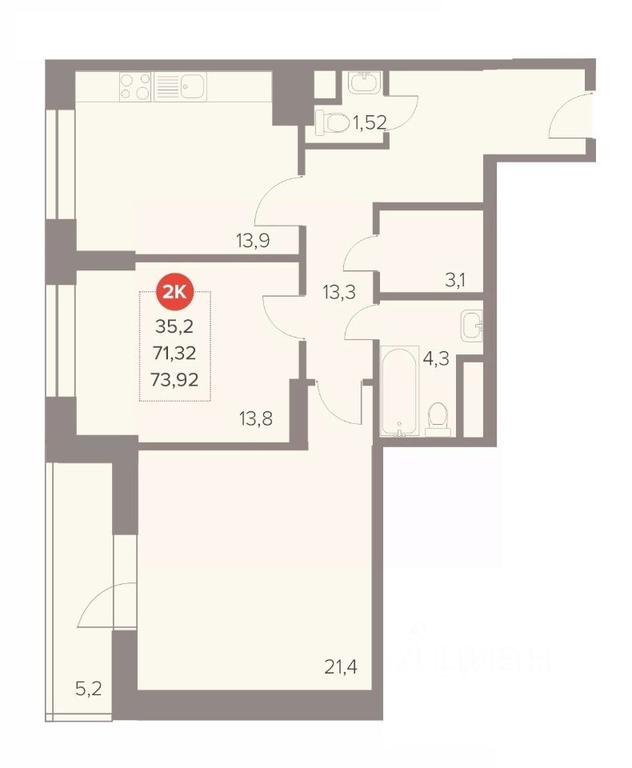 1-BD Apartment Sale, 73.92 sq. m. at Otlichno, Oktyabrskiy Avenue, 28А, Lyubertsy, Moscow Region, Russia #1