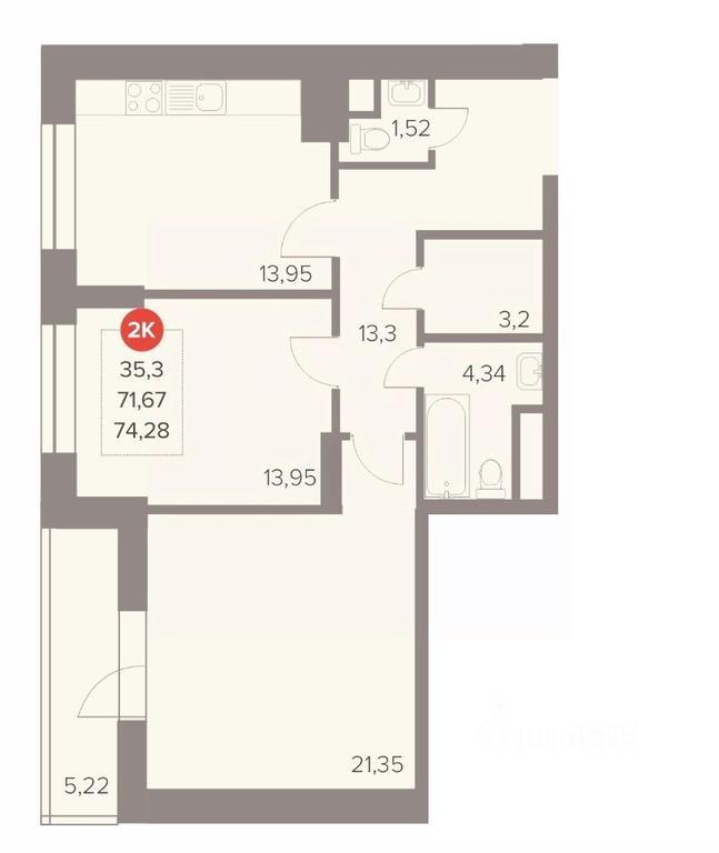 1-BD Apartment Sale, 74.28 sq. m. at Otlichno, Oktyabrskiy Avenue, 28А, Lyubertsy, Moscow Region, Russia #1