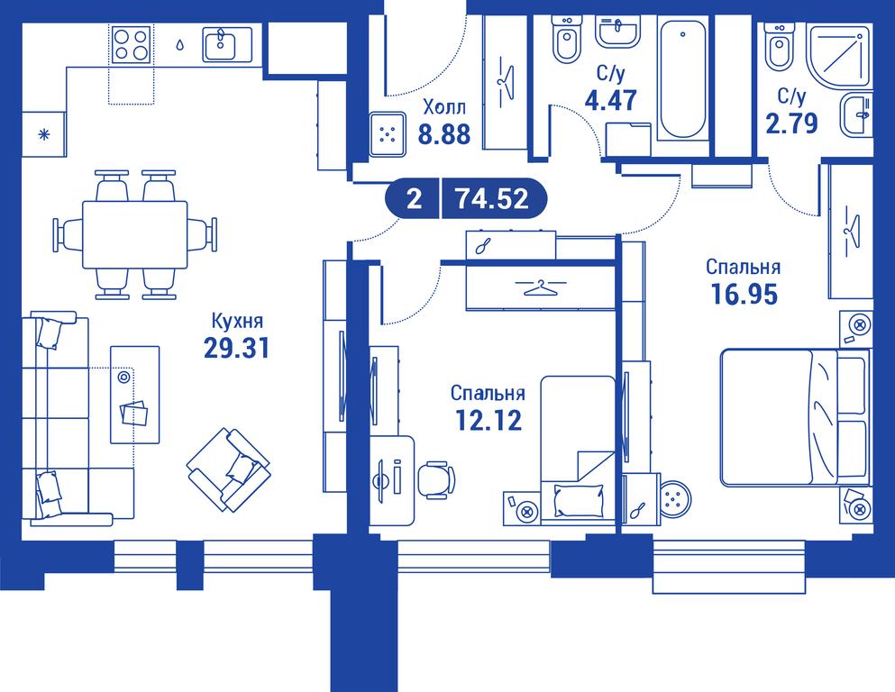 1-BD Apartment Sale, 74.6 sq. m. at iLove, улица Бочкова, 11А, Москва, Россия #1 1-BD Apartment Sale, 74.6 sq. m. at iLove, улица Бочкова, 11А, Москва, Россия #1