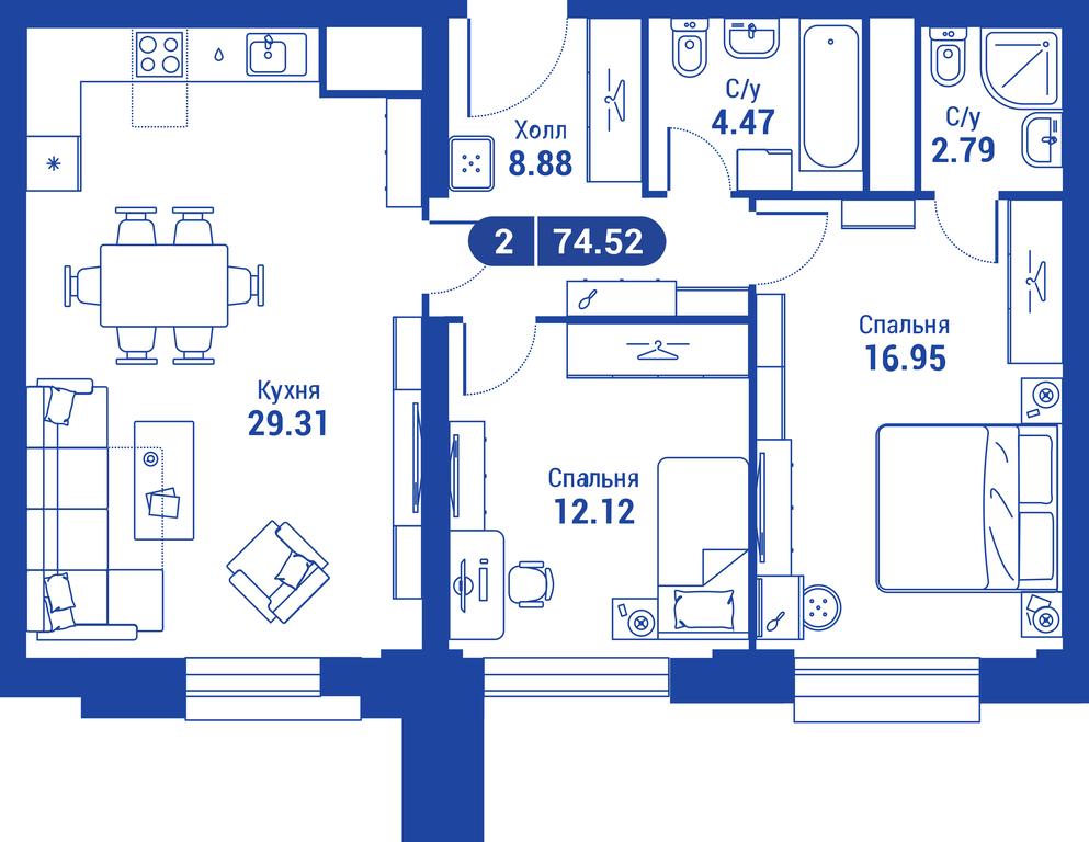 1-BD Apartment Sale, 74.5 sq. m. at iLove, улица Бочкова, 11А, Москва, Россия #1