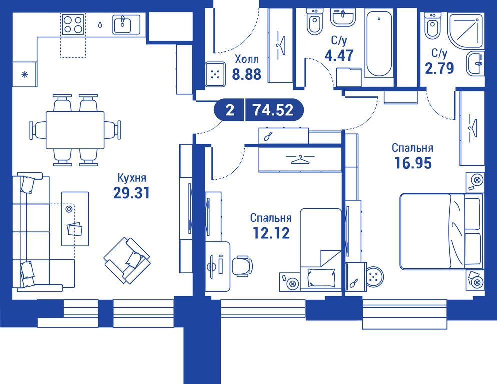 1-BD Apartment Sale, 74.7平方米 at iLove, улица Бочкова, 11А, Москва, Россия #1 1-BD Apartment Sale, 74.7平方米 at iLove, улица Бочкова, 11А, Москва, Россия #1