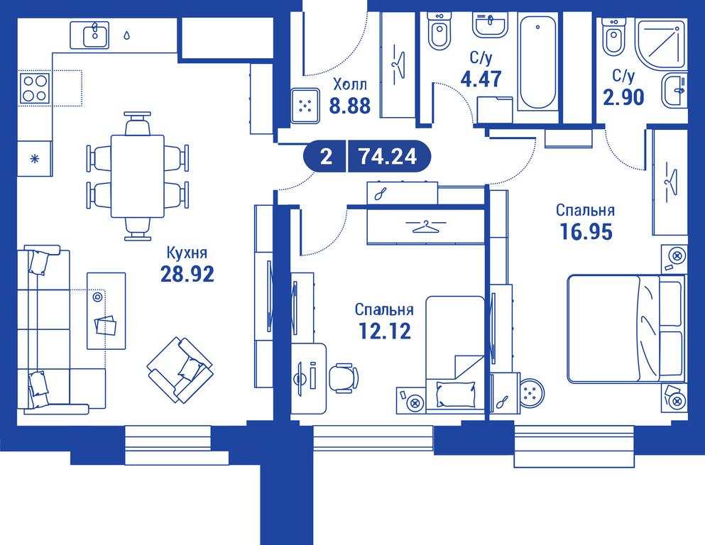 1-BD Apartment Sale, 74.2 sq. m. at iLove, улица Бочкова, 11А, Москва, Россия #1 1-BD Apartment Sale, 74.2 sq. m. at iLove, улица Бочкова, 11А, Москва, Россия #1