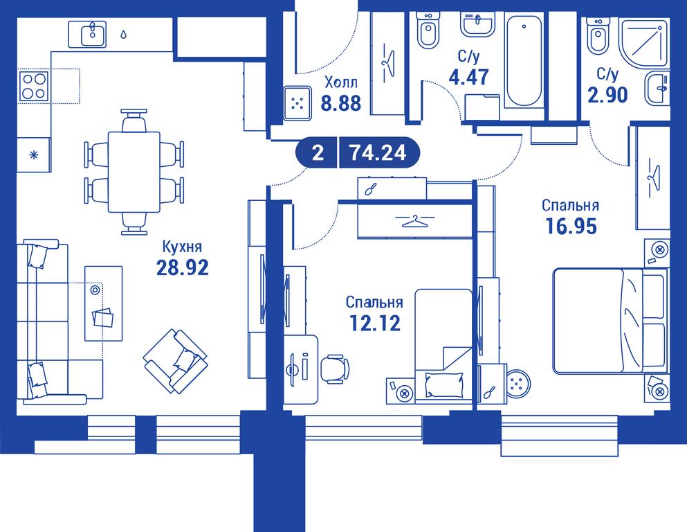 1-BD Apartment Sale, 74.1 sq. m. at iLove, улица Бочкова, 11А, Москва, Россия #1