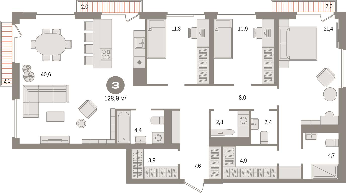 3-BD Apartment Sale, 128.9 sq. m. at Pervy kvartal, Kalinovaya ulitsa, derevnya Sapronovo, Leninskiy City District, Moscow Region, Russia #1