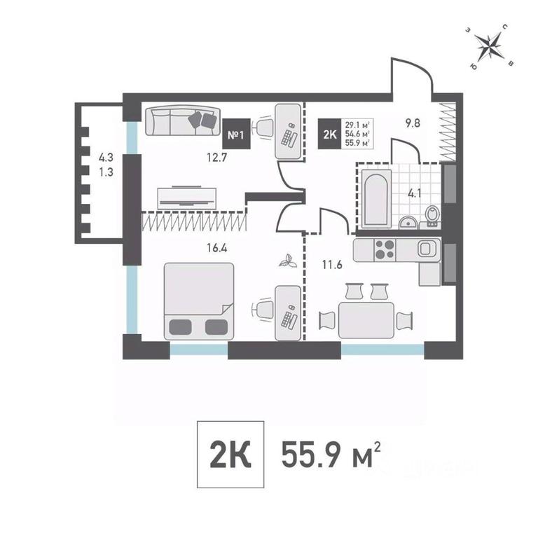 1-BD Apartment Sale, 55.9平方米 at Zelenograd Rivera, ulitsa Lyotchika Polagushina, Zelenograd, Moscow, Russia #1