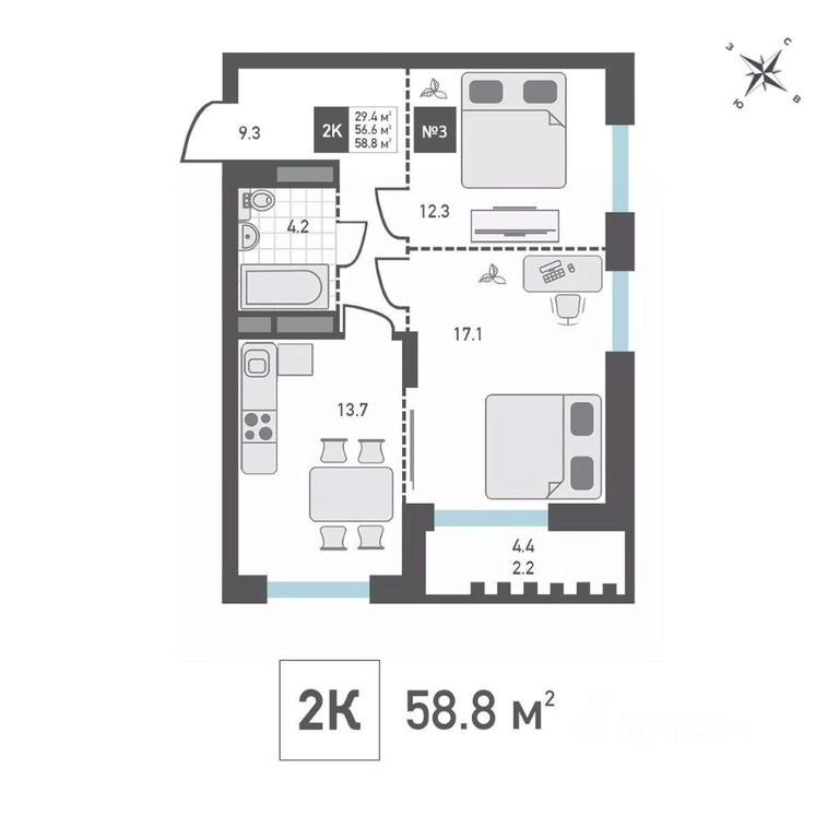 1-BD Apartment Sale, 58.8平方米 at Zelenograd Rivera, ulitsa Lyotchika Polagushina, Zelenograd, Moscow, Russia #1