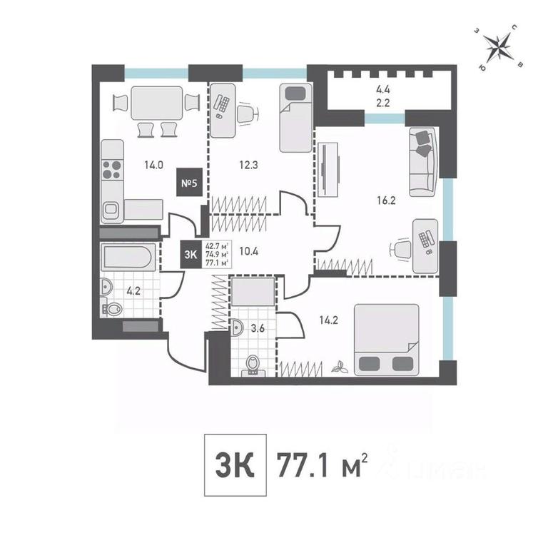 2-BD Apartment Sale, 77.1 sq. m. at Zelenograd Rivera, ulitsa Lyotchika Polagushina, Zelenograd, Moscow, Russia #1