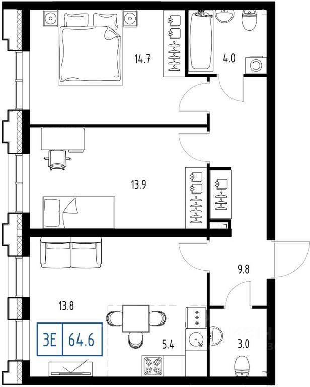 2-BD Apartment Sale, 64.6 sq. m. at Skolkovo ONE, Zarechnaya ulitsa, rabochiy posyolok Zarechye, Odintsovskiy Urban District, Moscow Region, Russia #1
