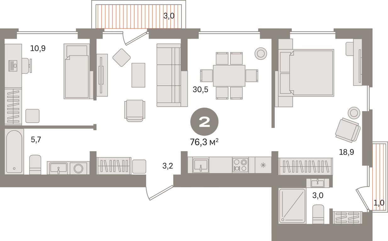 2-BD Apartment Sale, 76.3 sq. m. at Pervy kvartal, Kalinovaya ulitsa, derevnya Sapronovo, Leninskiy City District, Moscow Region, Russia #1