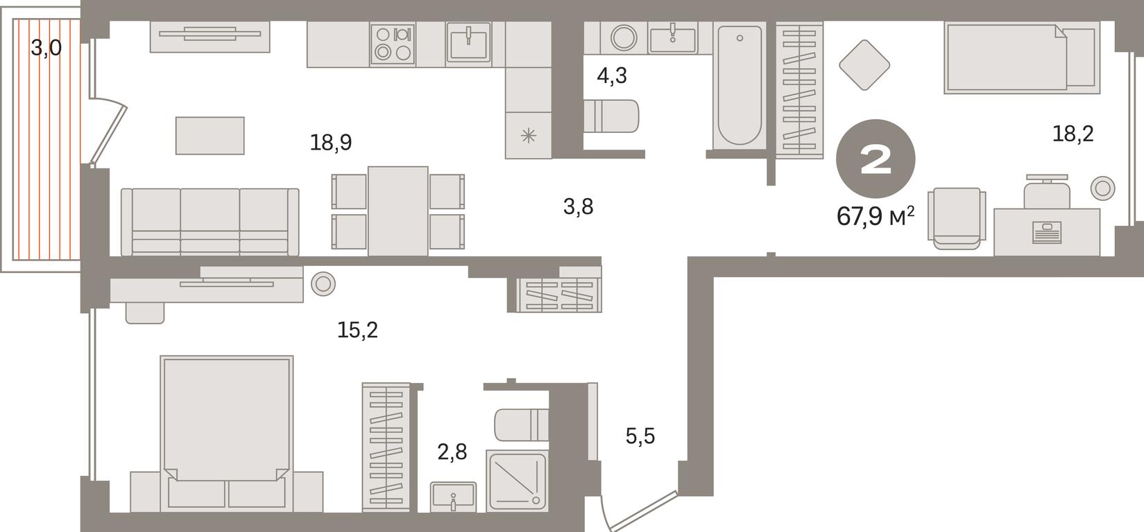 2-BD Apartment Sale, 67.9平方米 at Pervy kvartal, Kalinovaya ulitsa, derevnya Sapronovo, Leninskiy City District, Moscow Region, Russia #1