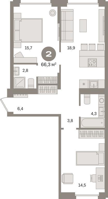 2-BD Apartment Sale, 66.3平方米 at Pervy kvartal, Kalinovaya ulitsa, derevnya Sapronovo, Leninskiy City District, Moscow Region, Russia #1