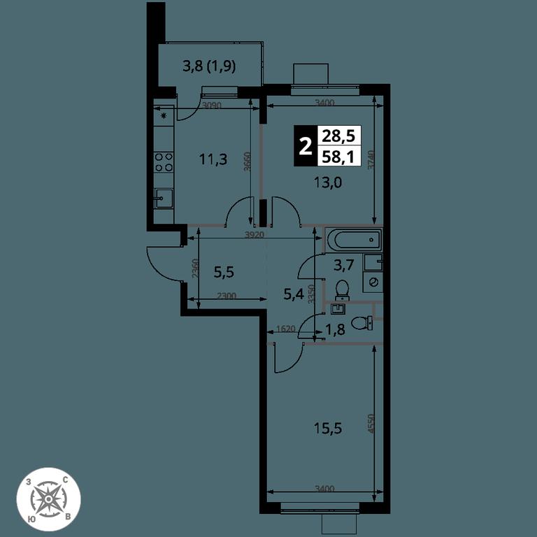 2-BD Apartment Sale, 58.1 sq. m. at Pervy Sheremetevskij, Komsomolskaya Street, 16, Khimki, Moscow Region, Russia #1