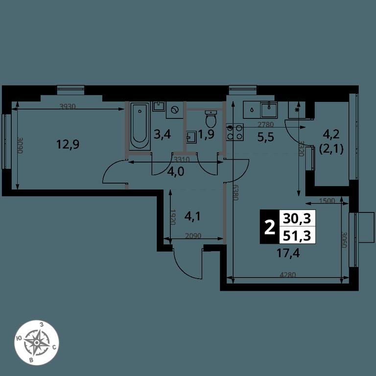 2-BD Apartment Sale, 51.3 sq. m. at 1 Yasenevskij, Kvartal № 24, Mosrentgen Settlement, Moscow, Russia #1