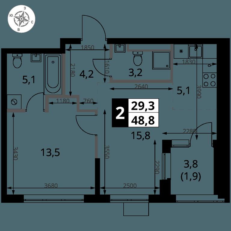 2-BD Apartment Sale, 48.8 sq. m. at 1 Yasenevskij, Kvartal № 24, Mosrentgen Settlement, Moscow, Russia #1