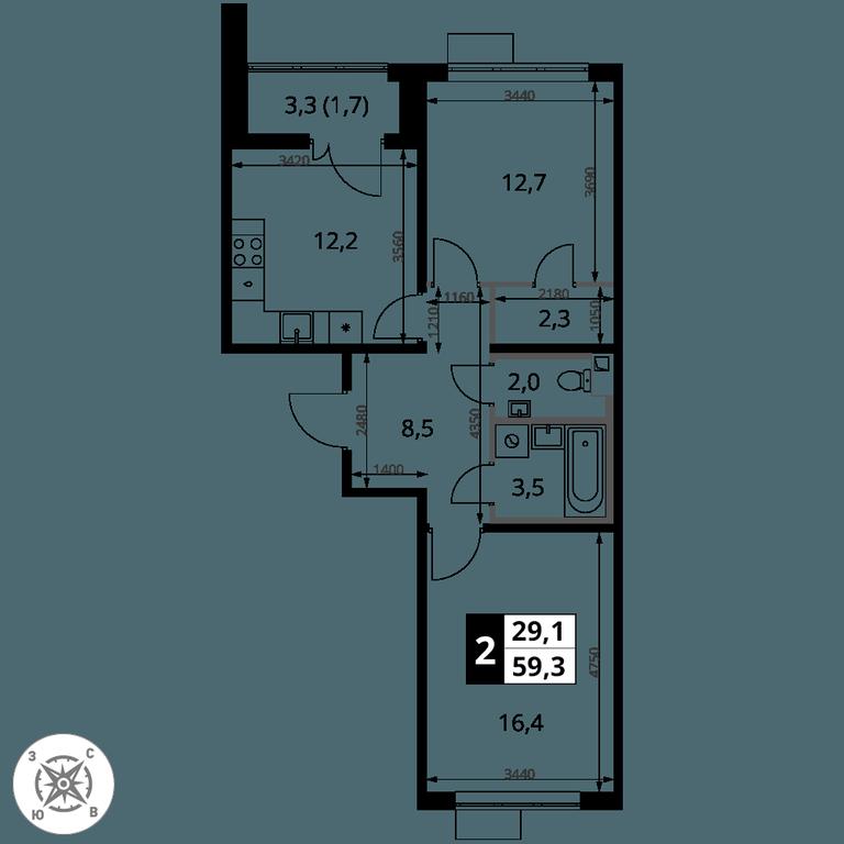 2-BD Apartment Sale, 59.3平方米 at Pervy Sheremetevskij, Komsomolskaya Street, 16, Khimki, Moscow Region, Russia #2