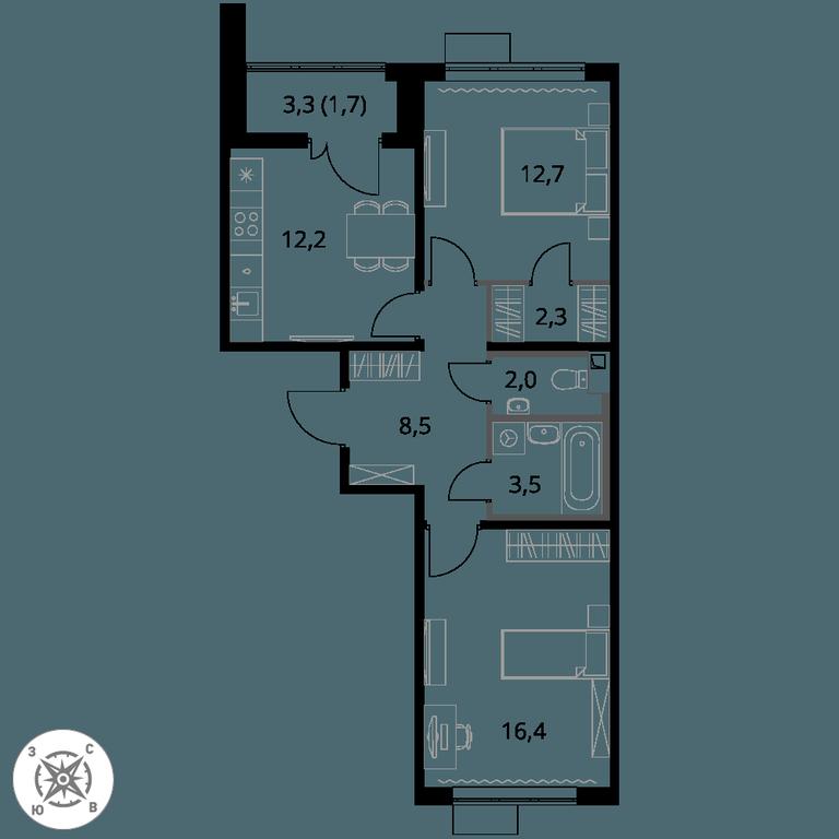 2-BD Apartment Sale, 59.3平方米 at Pervy Sheremetevskij, Komsomolskaya Street, 16, Khimki, Moscow Region, Russia #1