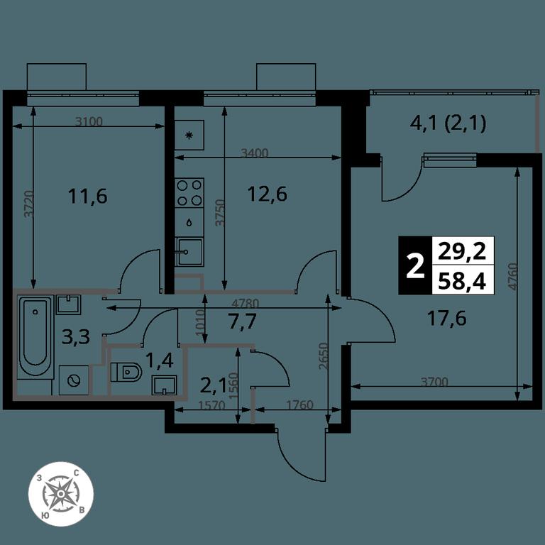 2-BD Apartment Sale, 58.4 sq. m. at Yzhnaya Bitsa, Yuzhnaya Bitsa Residential Complex, posyolok Bittsa, Leninskiy City District, Moscow Region, Russia #1