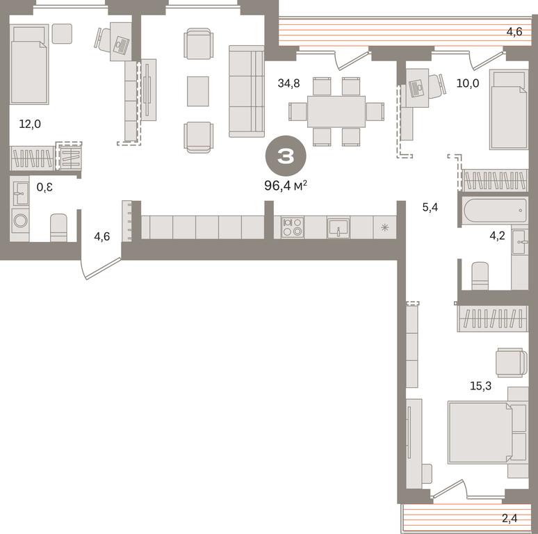 3-BD Apartment Sale, 96.4 sq. m. at Pervy kvartal, Kalinovaya ulitsa, derevnya Sapronovo, Leninskiy City District, Moscow Region, Russia #1