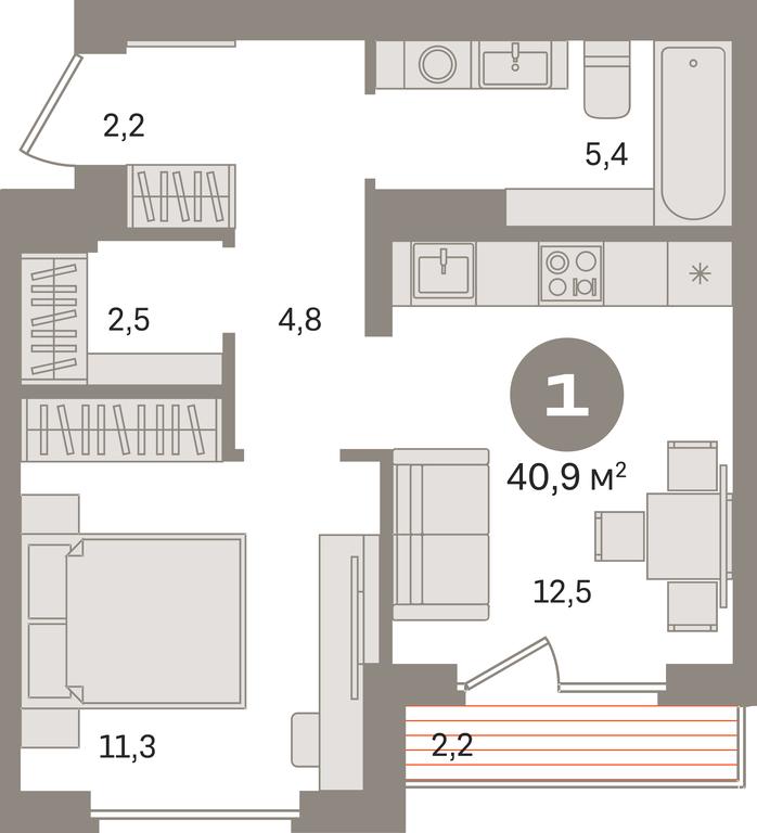 1-BD Apartment Sale, 40.9平方米 at Pervy kvartal, Kalinovaya ulitsa, derevnya Sapronovo, Leninskiy City District, Moscow Region, Russia #1