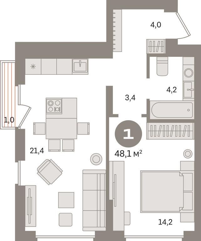 1-BD Apartment Sale, 48.1平方米 at Pervy kvartal, Kalinovaya ulitsa, derevnya Sapronovo, Leninskiy City District, Moscow Region, Russia #1