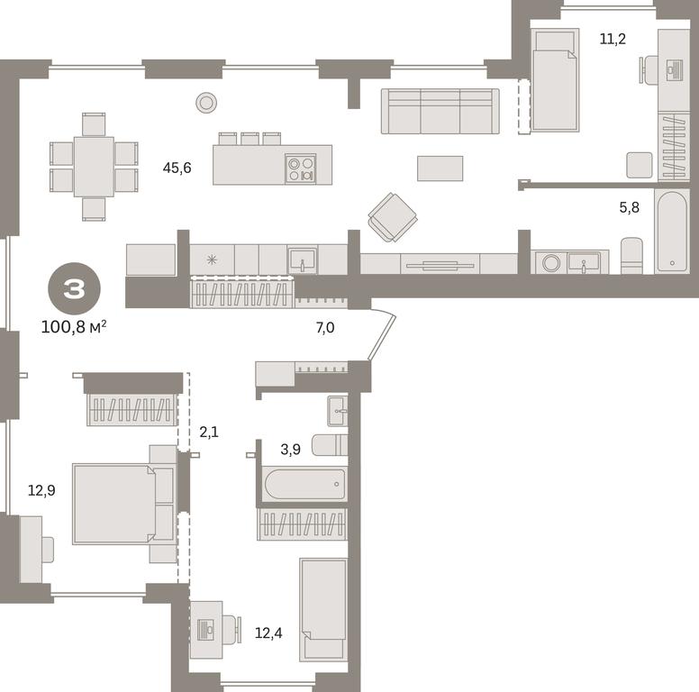 3-BD Apartment Sale, 100.8 sq. m. at Pervy kvartal, Kalinovaya ulitsa, derevnya Sapronovo, Leninskiy City District, Moscow Region, Russia #1