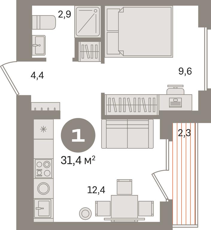 1-BD Apartment Sale, 31.4平方米 at Pervy kvartal, Kalinovaya ulitsa, derevnya Sapronovo, Leninskiy City District, Moscow Region, Russia #1