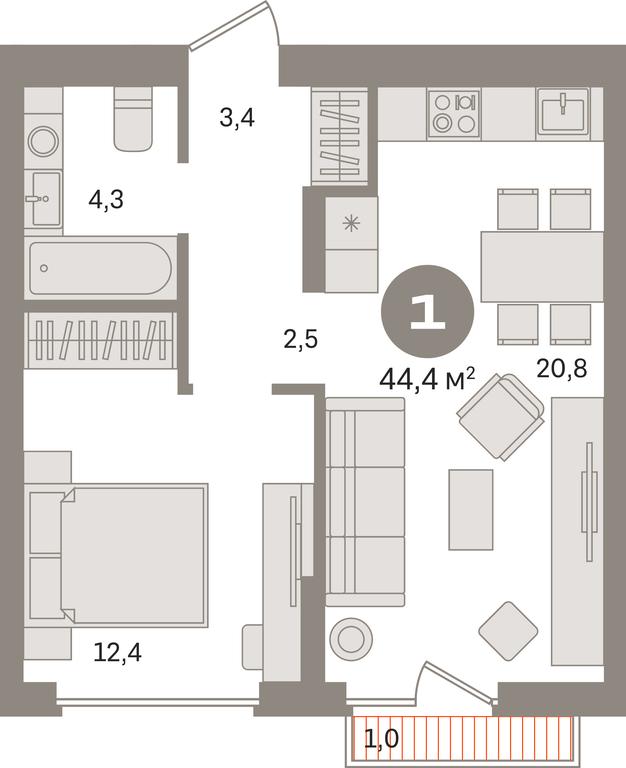 1-BD Apartment Sale, 44.4平方米 at Pervy kvartal, Kalinovaya ulitsa, derevnya Sapronovo, Leninskiy City District, Moscow Region, Russia #1