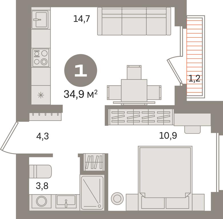 1-BD Apartment Sale, 34.9平方米 at Pervy kvartal, Kalinovaya ulitsa, derevnya Sapronovo, Leninskiy City District, Moscow Region, Russia #1