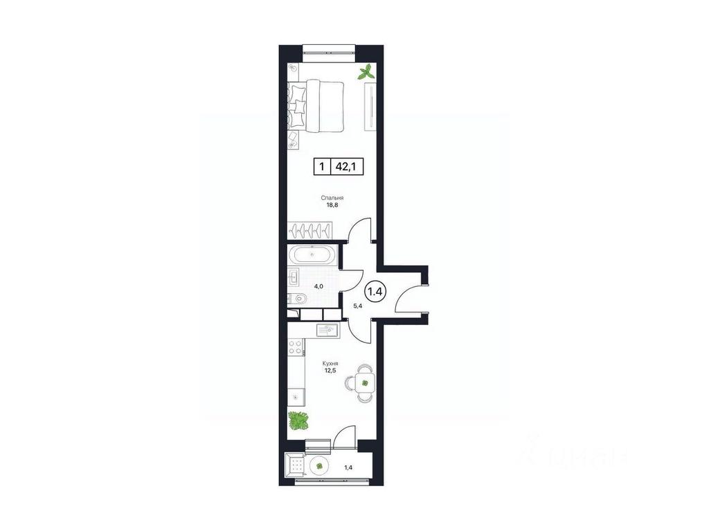 Apartment Sale, 42.1平方米 at Pushkino Grad, Polevaya ulitsa, selo Bratovshchina, Pshkinskiy Urban District, Moscow Region, Russia #1