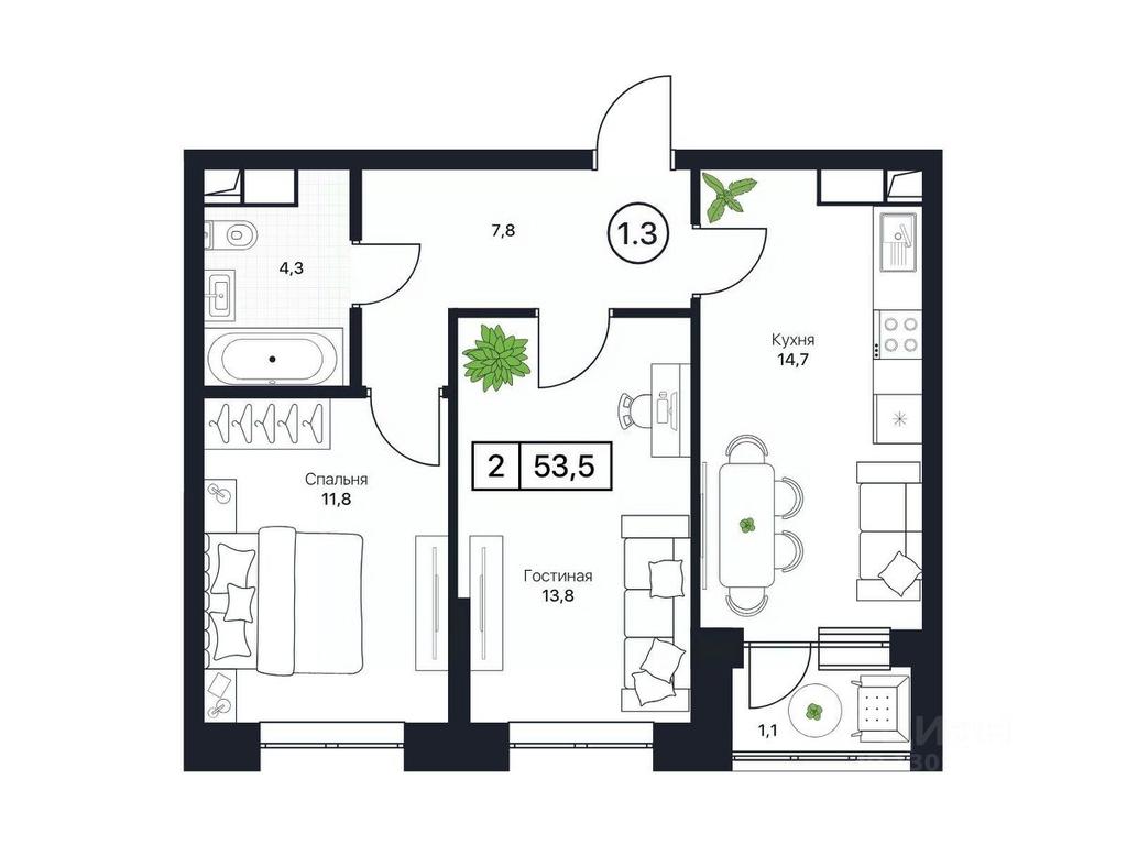 1-BD Apartment Sale, 53.5平方米 at Pushkino Grad, Polevaya ulitsa, selo Bratovshchina, Pshkinskiy Urban District, Moscow Region, Russia #1