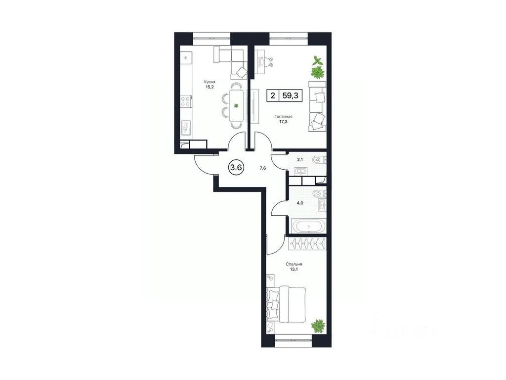 1-BD Apartment Sale, 59.3平方米 at Pushkino Grad, Polevaya ulitsa, selo Bratovshchina, Pshkinskiy Urban District, Moscow Region, Russia #1