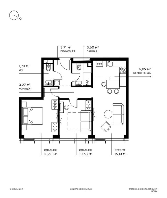 2-BD Apartment Sale, 59.3 sq. m. at Symphony 34, 2nd Khutorskaya Street, 38А, Moscow, Russia #1