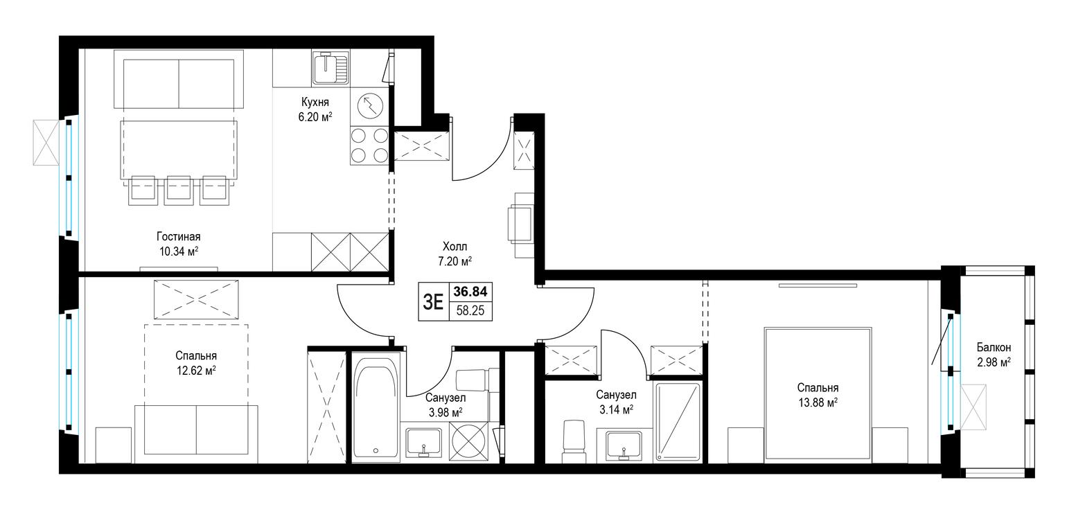 2-BD Apartment Sale, 58 sq. m. at Eko Vidnoe 2.0, kvartal Tsentralny, 1, Kupelinka Subdistrict, derevnya Sapronovo, Leninskiy City District, Moscow Region, Russia #1 2-BD Apartment Sale, 58 sq. m. at Eko Vidnoe 2.0, kvartal Tsentralny, 1, Kupelinka Subdistrict, derevnya Sapronovo, Leninskiy City District, Moscow Region, Russia #1