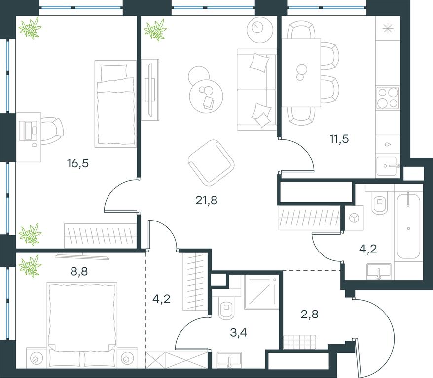 2-BD Apartment Sale, 73.2 sq. m. at Level Michurinskiy, Озёрная улица, вл1, Москва, Россия #1 2-BD Apartment Sale, 73.2 sq. m. at Level Michurinskiy, Озёрная улица, вл1, Москва, Россия #1
