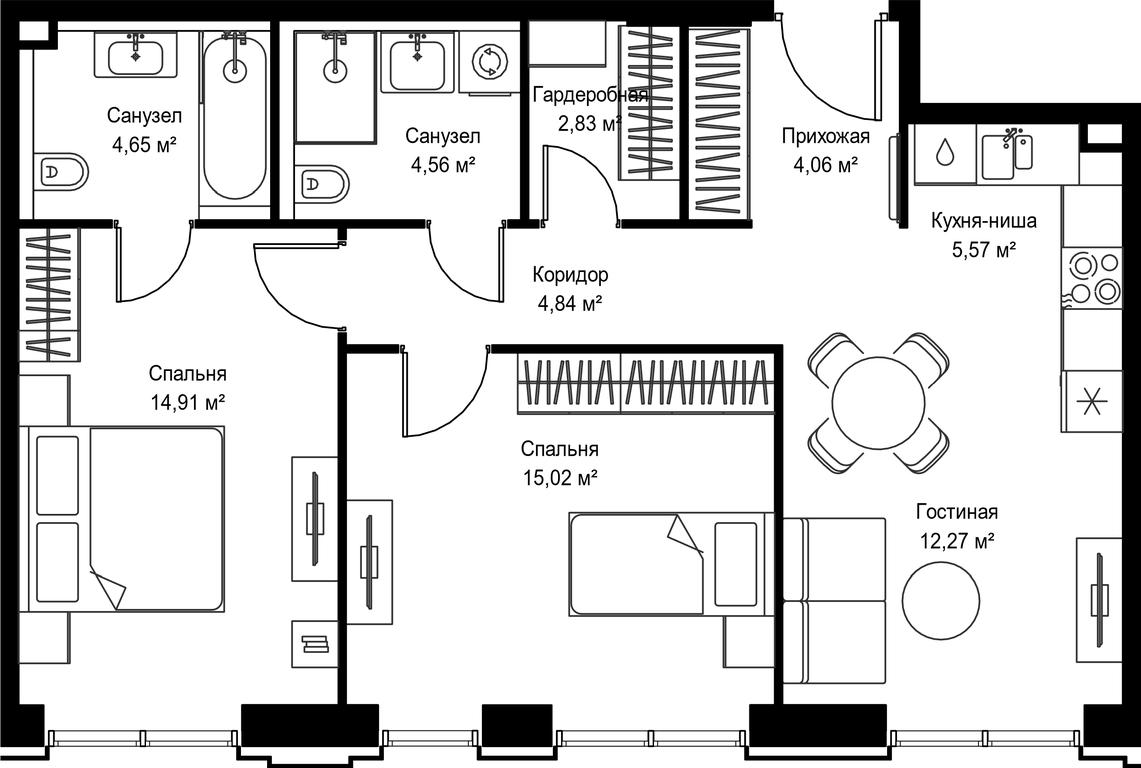 2-BD Apartment Sale, 68.71平方米 at Seliger City, Ilmenskiy Drive, 14к3, Moscow, Russia #2
