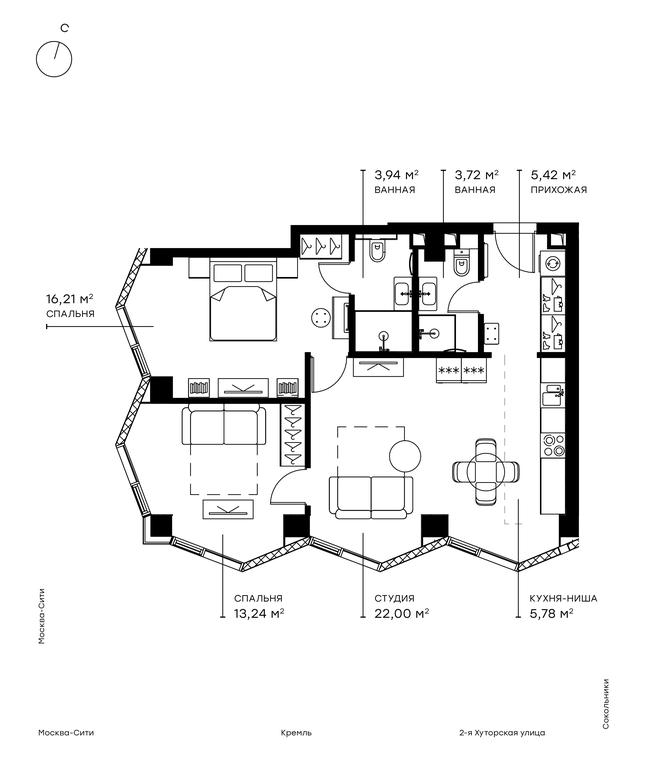 2-BD Apartment Sale, 70.7 sq. m. at Symphony 34, 2nd Khutorskaya Street, 38А, Moscow, Russia #1 2-BD Apartment Sale, 70.7 sq. m. at Symphony 34, 2nd Khutorskaya Street, 38А, Moscow, Russia #1