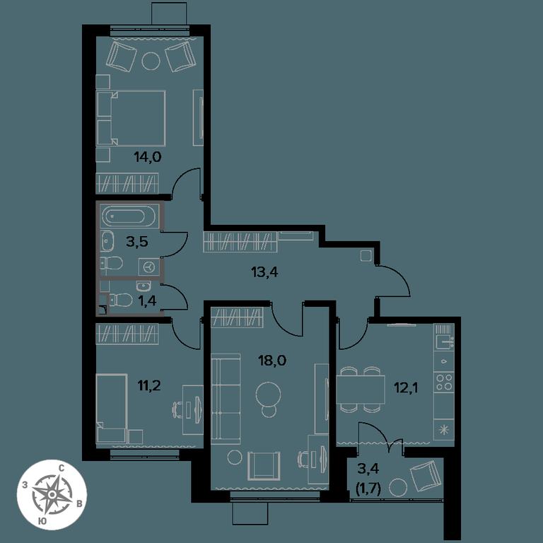 3-BD Apartment Sale, 75.3 sq. m. at Pervy Donskoj, zhiloy mikrorayon Sapronovo, derevnya Sapronovo, Leninskiy City District, Moscow Region, Russia #1