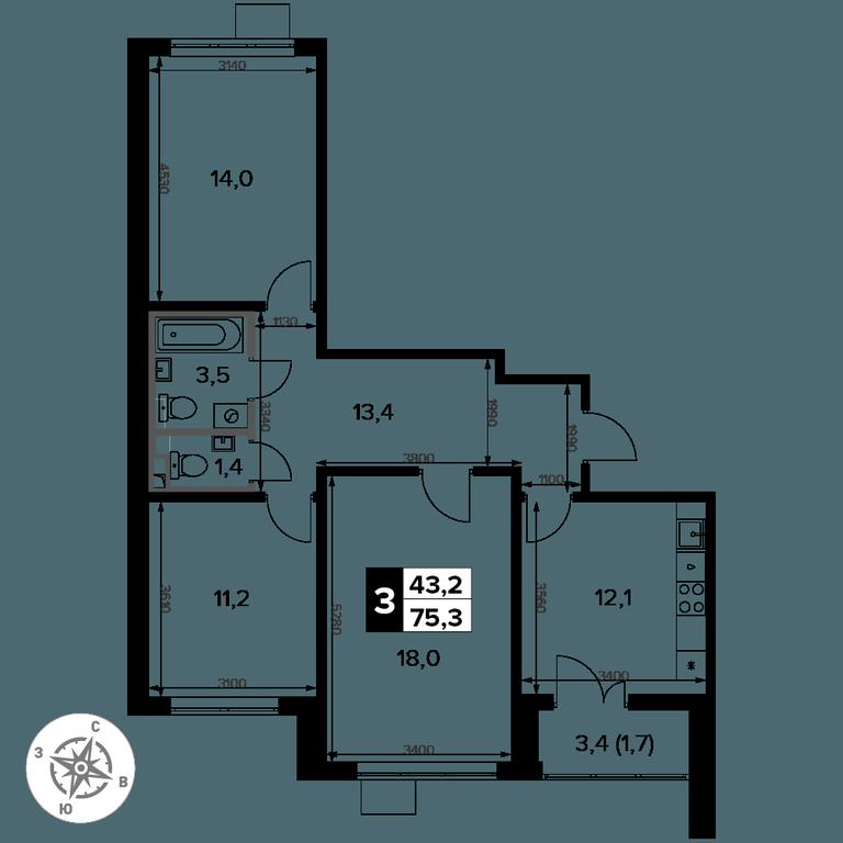 3-BD Apartment Sale, 75.3 sq. m. at Pervy Donskoj, zhiloy mikrorayon Sapronovo, derevnya Sapronovo, Leninskiy City District, Moscow Region, Russia #2