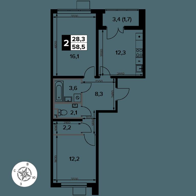 2-BD Apartment Sale, 58.5 sq. m. at Pervy Donskoj, zhiloy mikrorayon Sapronovo, derevnya Sapronovo, Leninskiy City District, Moscow Region, Russia #2