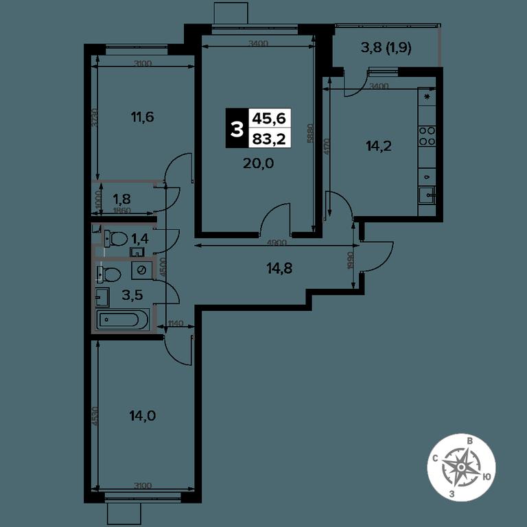 3-BD Apartment Sale, 83.2 sq. m. at Pervy Donskoj, zhiloy mikrorayon Sapronovo, derevnya Sapronovo, Leninskiy City District, Moscow Region, Russia #2