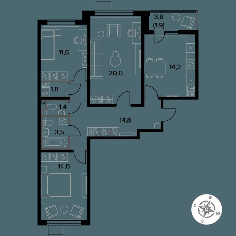 3-BD Apartment Sale, 83.2 sq. m. at Pervy Donskoj, zhiloy mikrorayon Sapronovo, derevnya Sapronovo, Leninskiy City District, Moscow Region, Russia #1