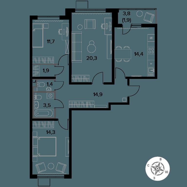 3-BD Apartment Sale, 84.3 sq. m. at Pervy Donskoj, zhiloy mikrorayon Sapronovo, derevnya Sapronovo, Leninskiy City District, Moscow Region, Russia #1